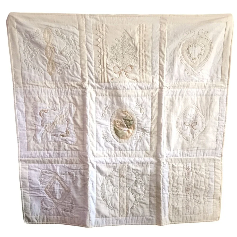 Handmade Baby Quilt Cream & White w/ Embroidery Lace Inset 42